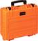 Orange, robust suitcase with black handle and locks. 'Explorer Cases' label on the front.