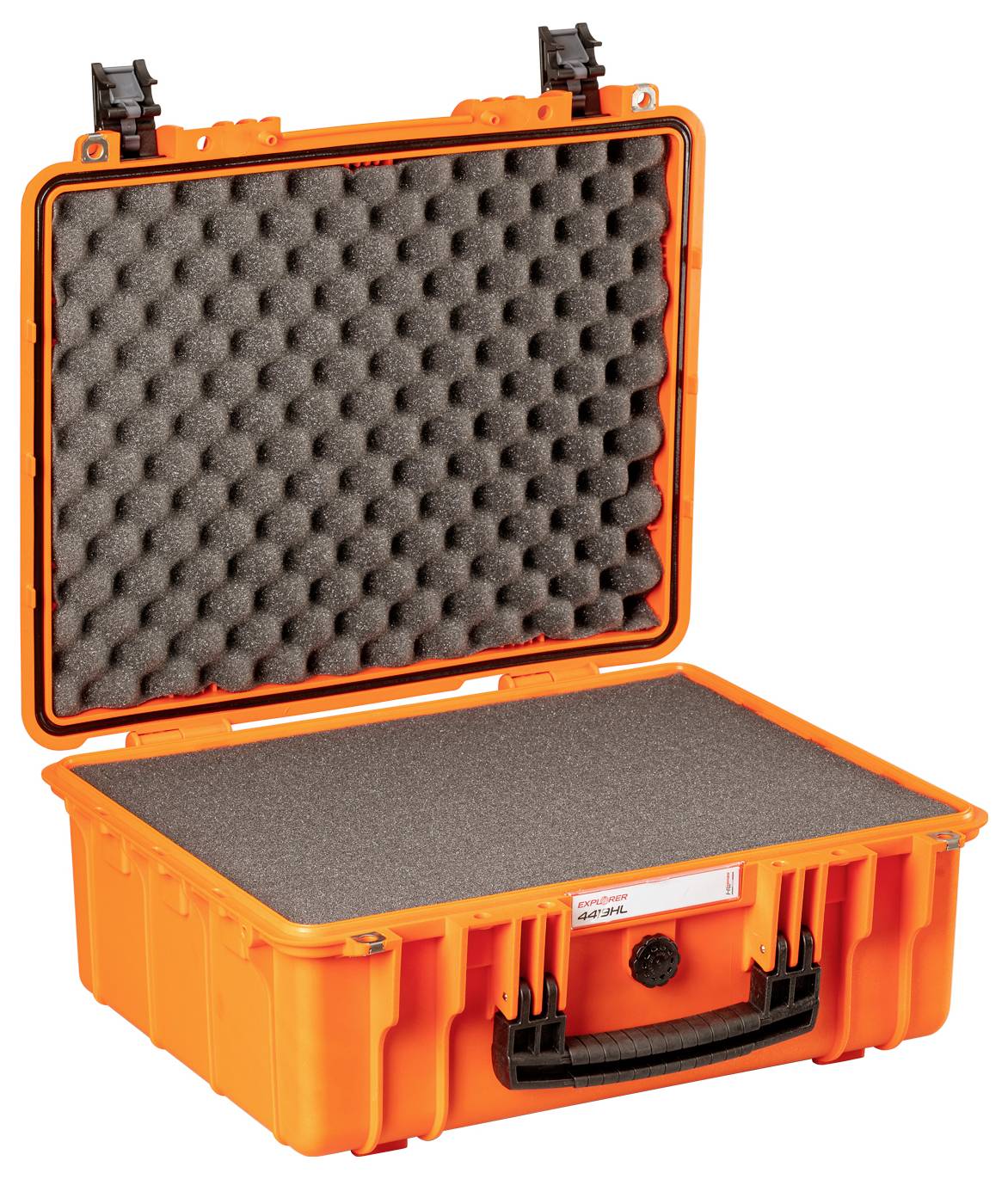 'Orange, open protective case made of plastic with black foam padding, suitable for the safe transportation of delicate items.'