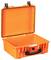 Orange, open hard-shell suitcase with black handle and locks.