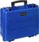 Blue, robust hard-shell suitcase with a black handle and metal reinforcements, suitable for the secure transportation of delicate items.