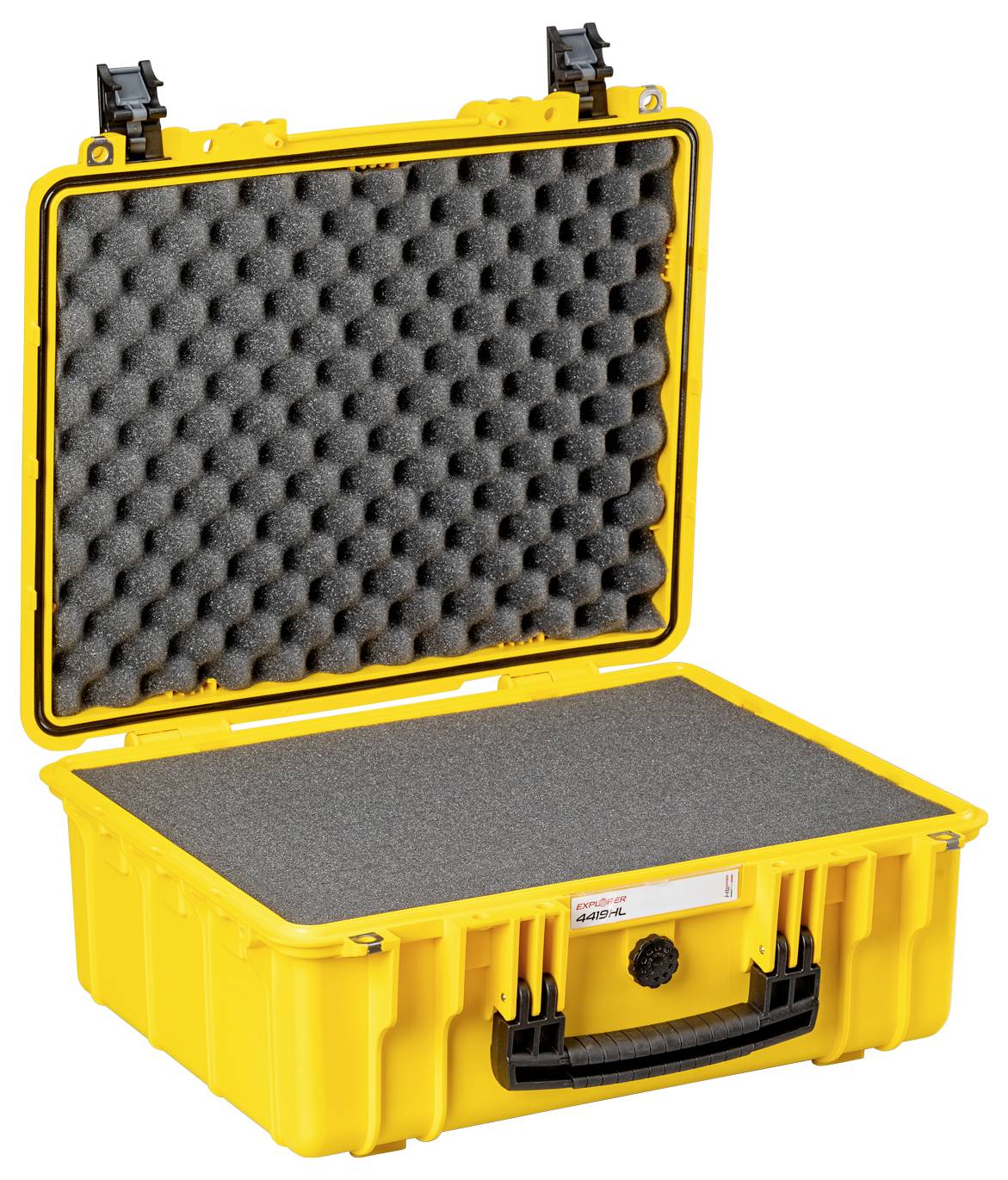 Yellow, open hard-shell case with foam padding to protect delicate items.