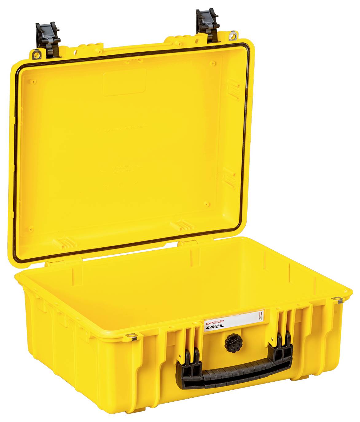 Yellow, open protective case with a black handle and fastenings, suitable for securely storing delicate items.