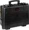 Black, robust transport case with handle and snap locks, designed for the secure transportation of delicate items.