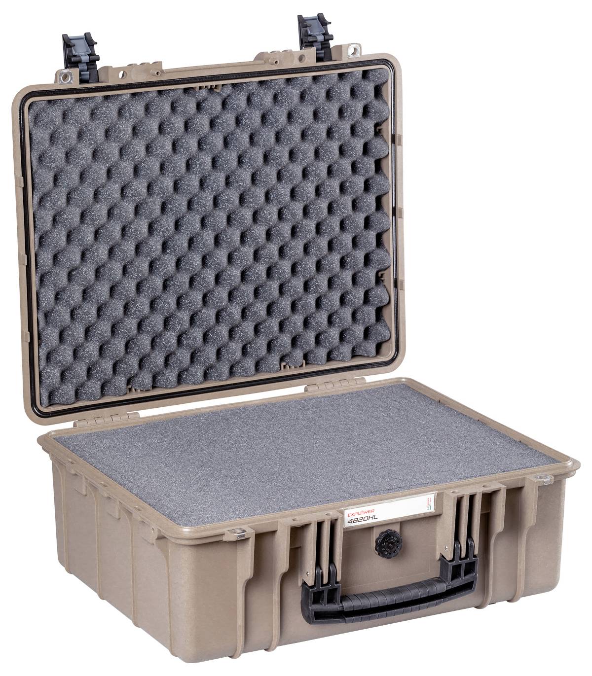 'Open beige hard-shell suitcase with black foam padding to protect delicate items.'