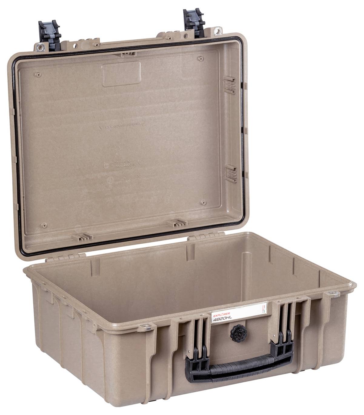 A robust rectangular, sand-coloured protective case with reinforced corners and a black handle. Ideal for safely transporting delicate items.