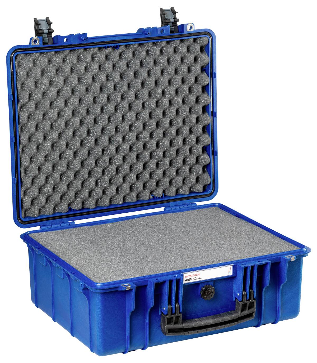 An open blue protective case with foam lining for safeguarding delicate items. Ideal for transportation and storage.