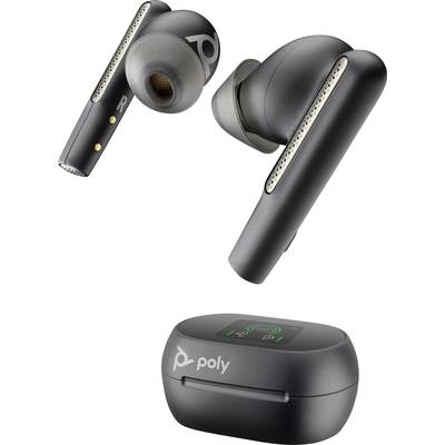 Wireless black earbuds with a white case. 'Poly' logo visible on the case and earbuds.