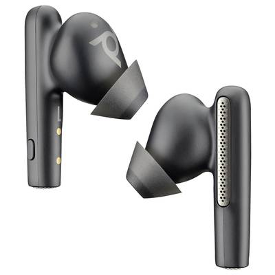 'Black wireless earbuds with a modern design, shown from left and right angles. Grey silicone ear tips and sleek lines.'