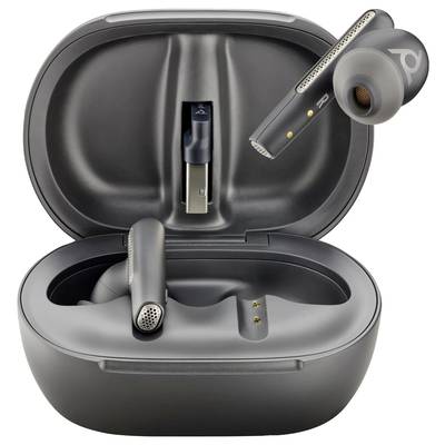 Wireless earbuds in a black charging case, with one earbud hovering above the open case, the interior of the case revealing a USB plug.
