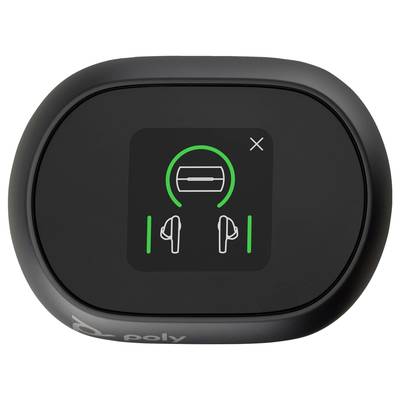 A black headphone case with a green symbol indicating that the headphones are connected.
