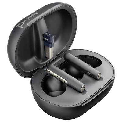A black charging case opened, containing two wireless earbuds and a USB dongle. 'Poly' is written on the case.