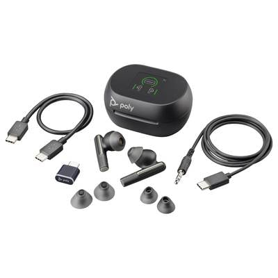 Wireless earbuds with charging case, USB-C cable, audio cable, ear tips in various sizes, and small USB adapter on white background.