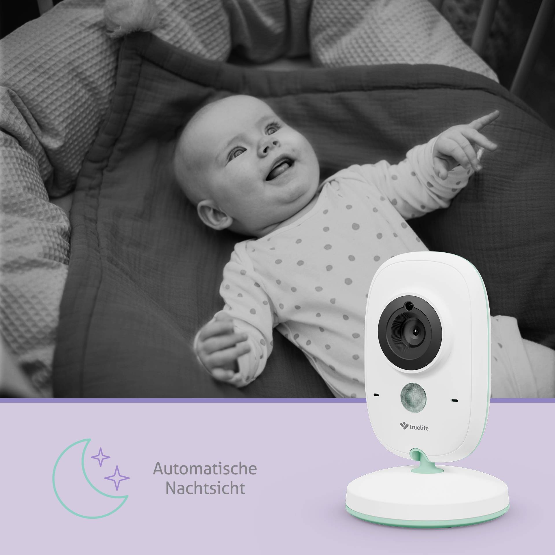 A baby is lying laughing under a blanket. Next to the picture is a round camera with the inscription 'Automatic Night Vision'.