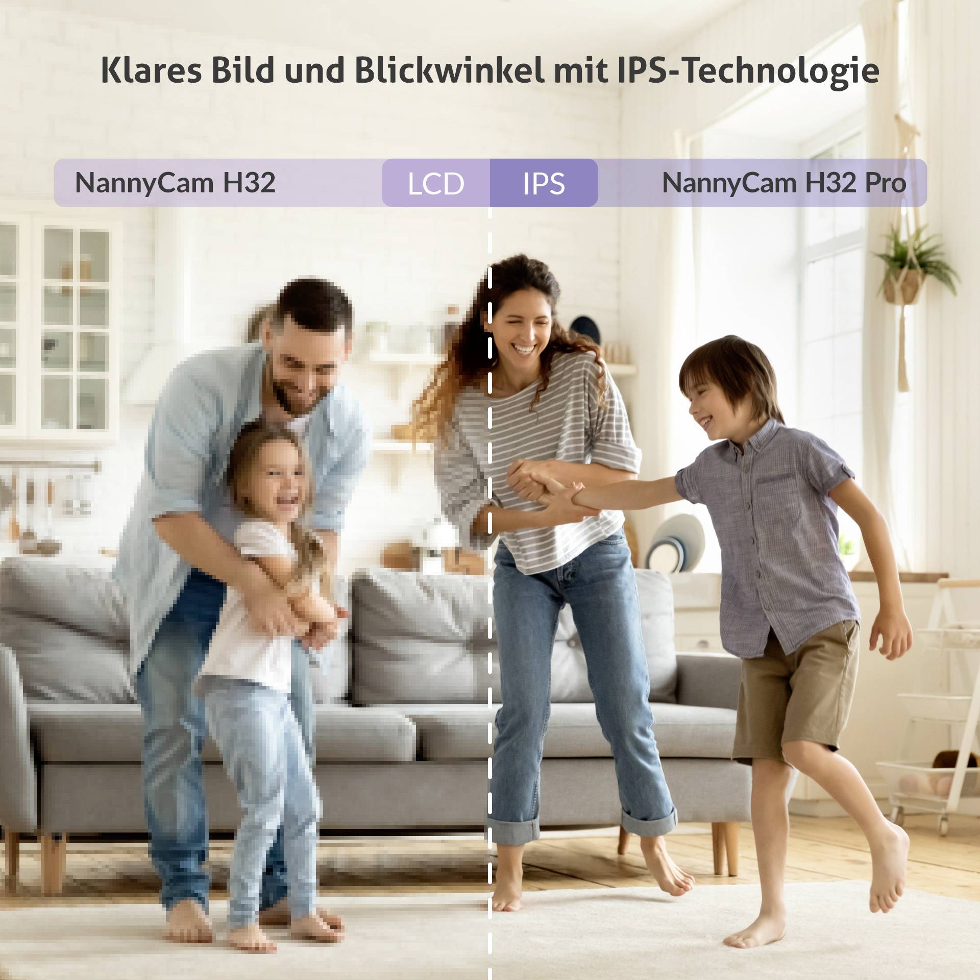 A family enjoys high picture quality at home thanks to IPS technology. On the left, a father with his daughter, on the right, a mother with her son.