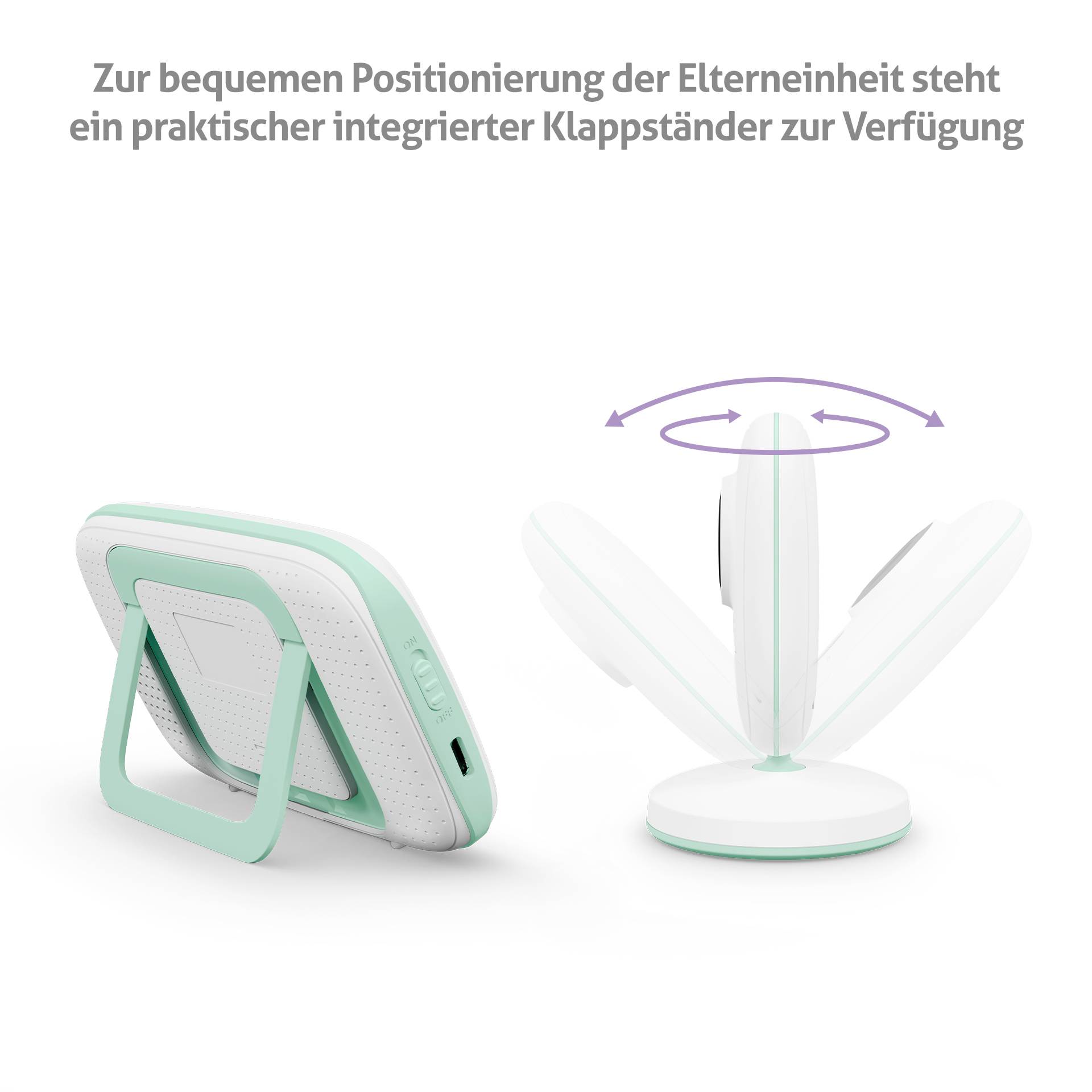 Image of a baby monitor with a green folding stand. The text explains that the stand ensures comfortable positioning of the parent unit.