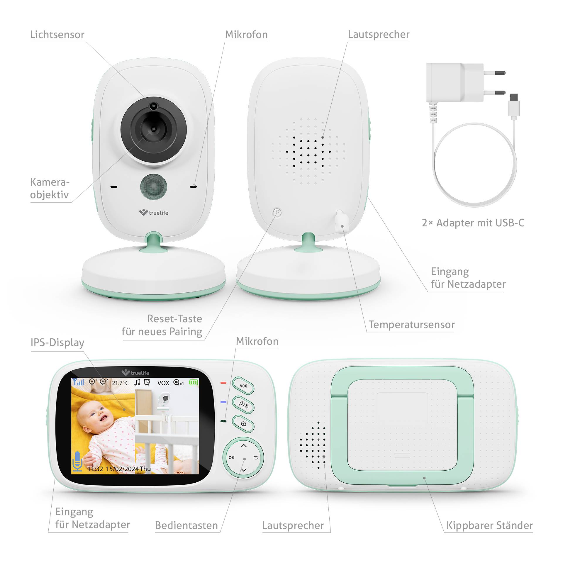 'Baby Monitor with Camera and Screen. Features: Speaker, Microphone, IPS Display, Reset Button, Temperature Sensor, Mains Adaptor Ports.'
