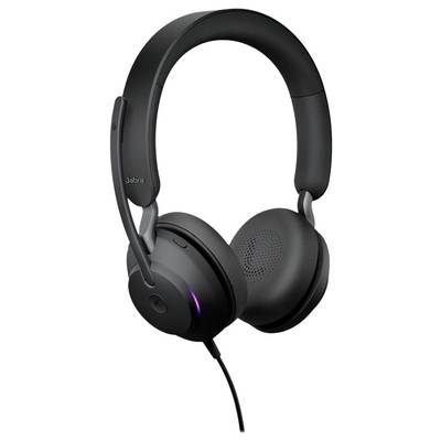 A black wired headset with a microphone arm, suitable for telephone calls or video conferences, on a white background.