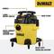 Yellow workshop vacuum cleaner with handle, large on/off switch, hose holder, quick-connect vacuum port, and swivel castors.