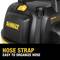 DeWalt tool case with text 'HOSE STRAP EASY TO ORGANIZE HOSE' on a black background. Includes a warning sign.