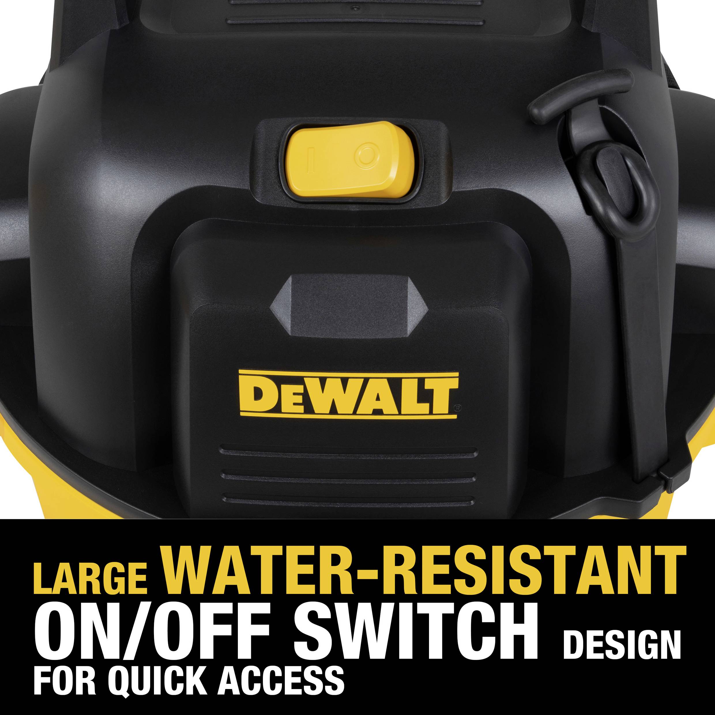 'DeWalt' brand logo on large, waterproof on/off switch with yellow switch, suitable for quick access and robust design.