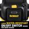 'DeWalt' brand logo on large, waterproof on/off switch with yellow switch, suitable for quick access and robust design.