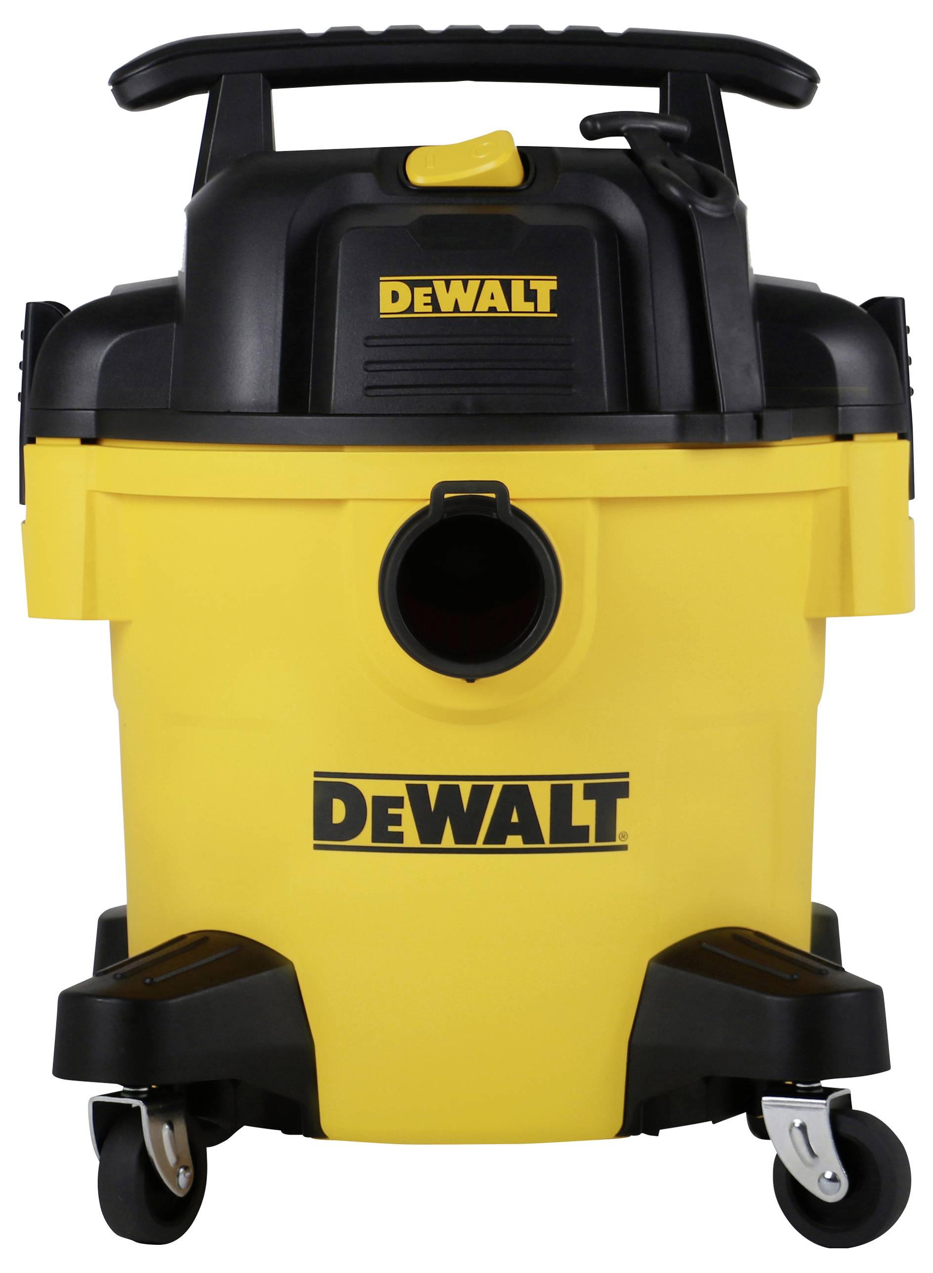Yellow and black DEWALT wet and dry vacuum cleaner with wheels and handle. Front connection for hoses.