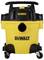 Yellow and black DEWALT wet and dry vacuum cleaner with wheels and handle. Front connection for hoses.