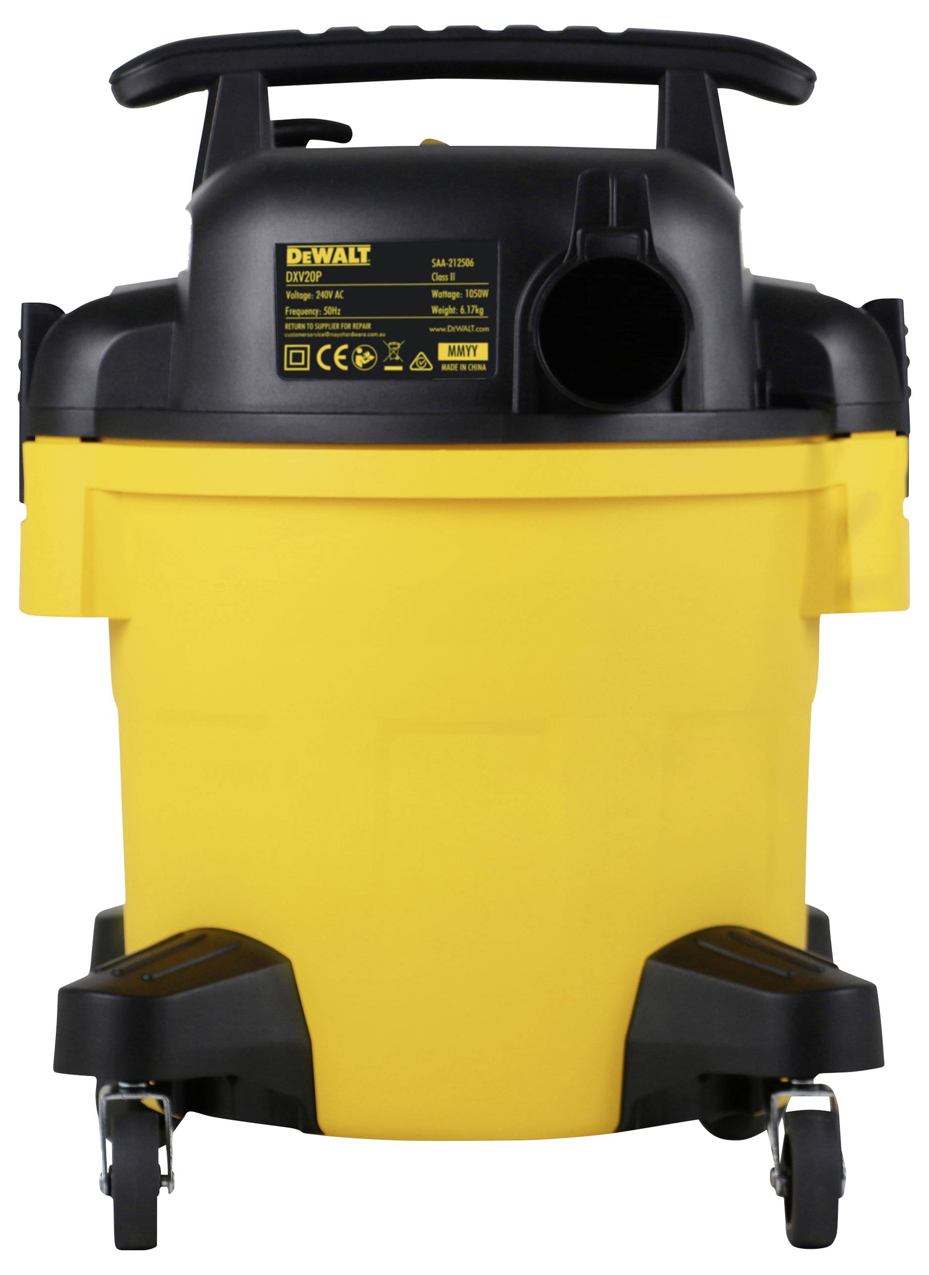 A yellow industrial vacuum cleaner with a black handle and wheels, suitable for use in workshops and construction environments.