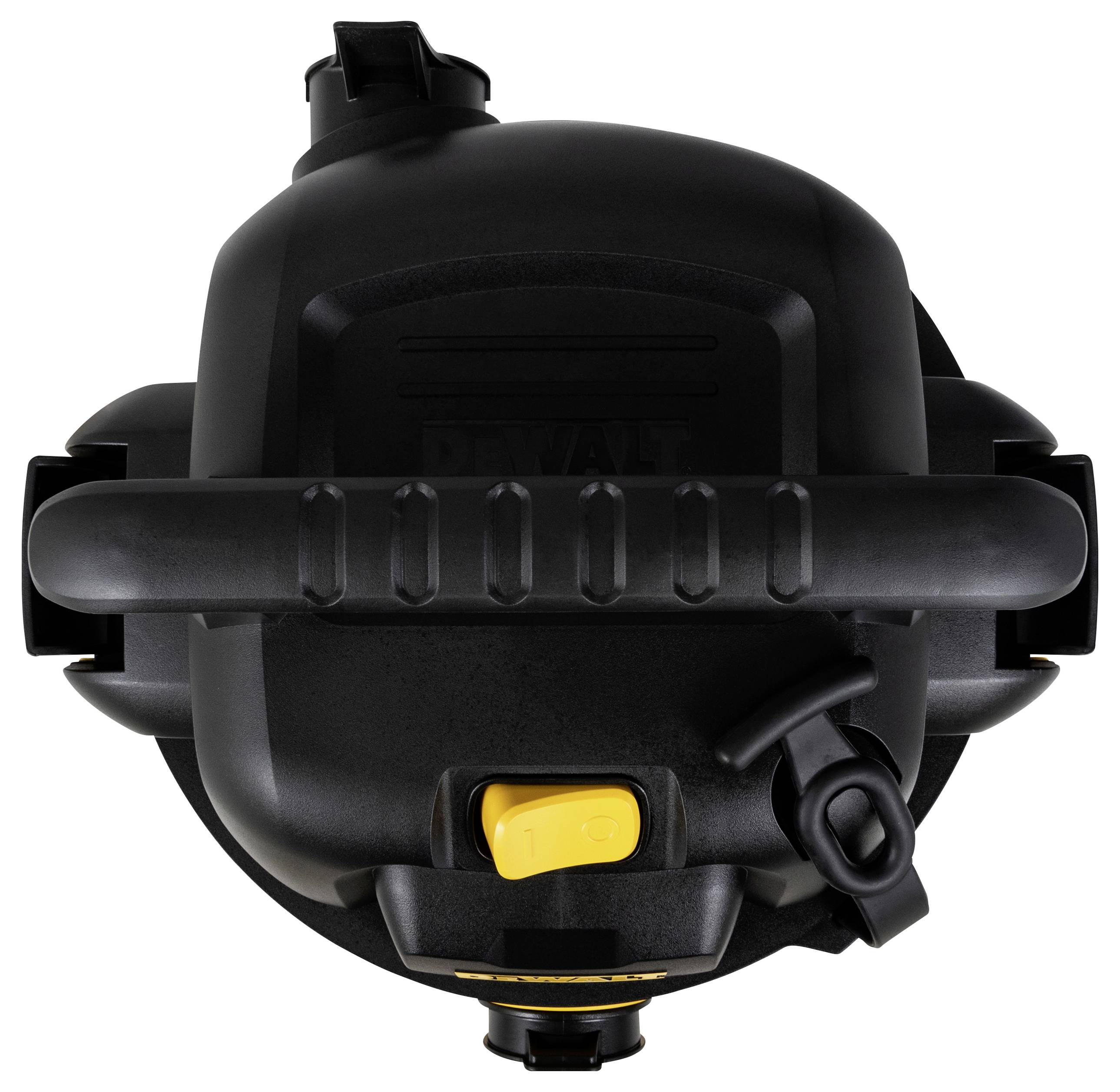 Black, compact vacuum cleaner with a handle and yellow button, viewed from above. Ideal for workshop use.