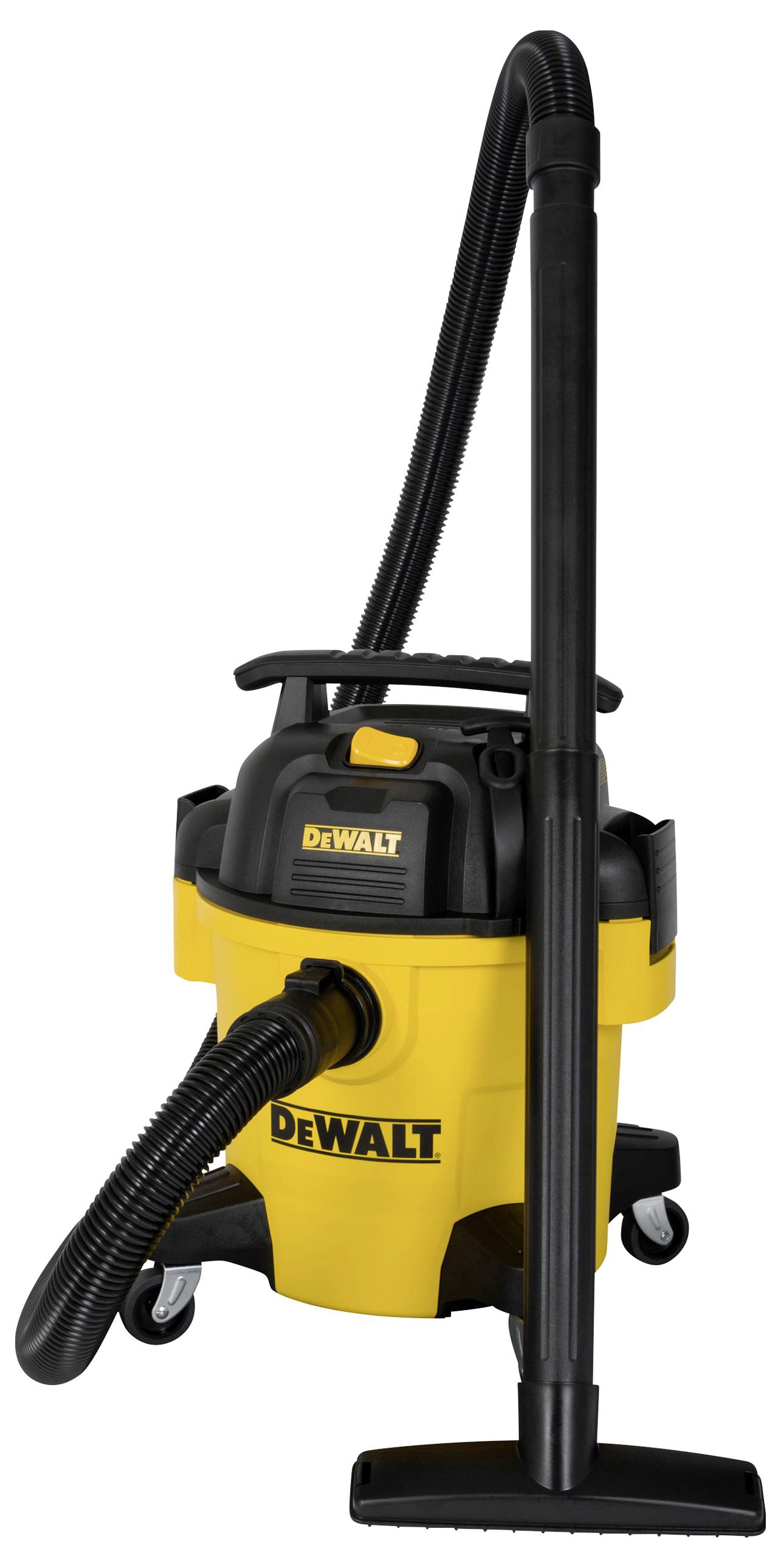 A yellow and black wet and dry vacuum cleaner on wheels with a long black suction tube and handle. Brand logo on the front.