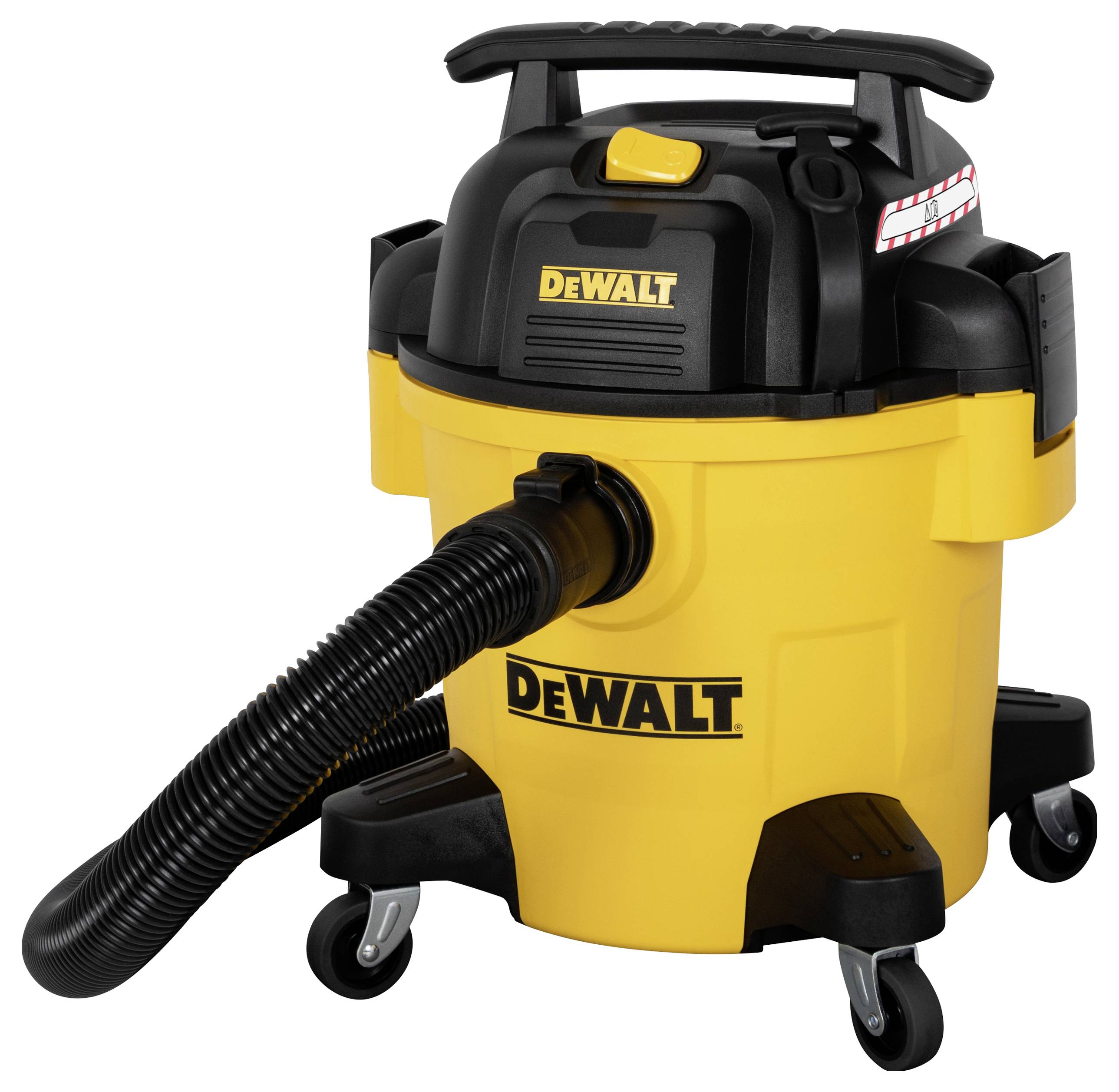 Portable yellow wet and dry vacuum cleaner with black hose. 'DeWalt' brand on the casing. Four wheels for easy manoeuvrability.