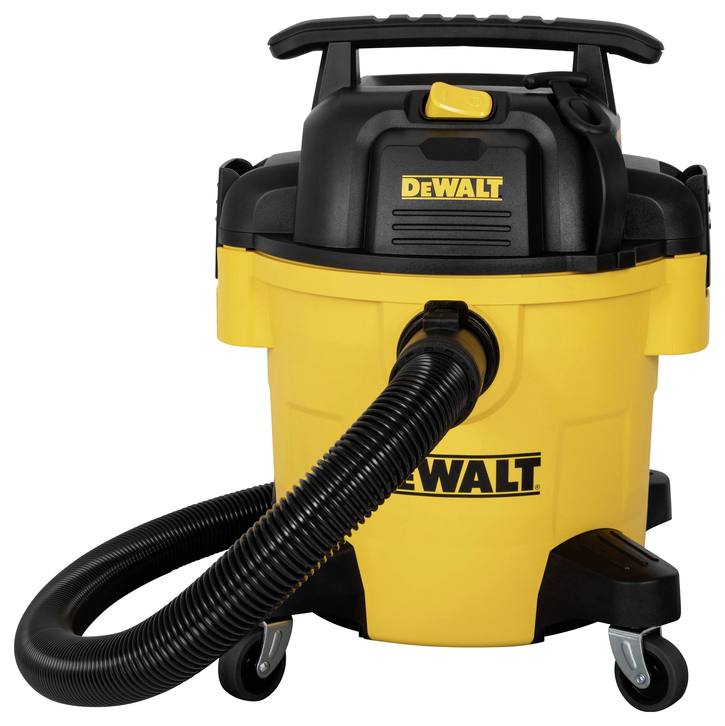 A yellow wet/dry vacuum cleaner on wheels with a black hose and handle, marked with 'DeWALT' in black lettering.