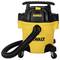A yellow wet/dry vacuum cleaner on wheels with a black hose and handle, marked with 'DeWALT' in black lettering.