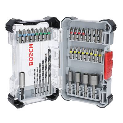 Screwdriver Bit Set in a foldable case. Contains various drill bits and driver bits. 'BOSCH' brand name visible. Ideal for DIY tasks.