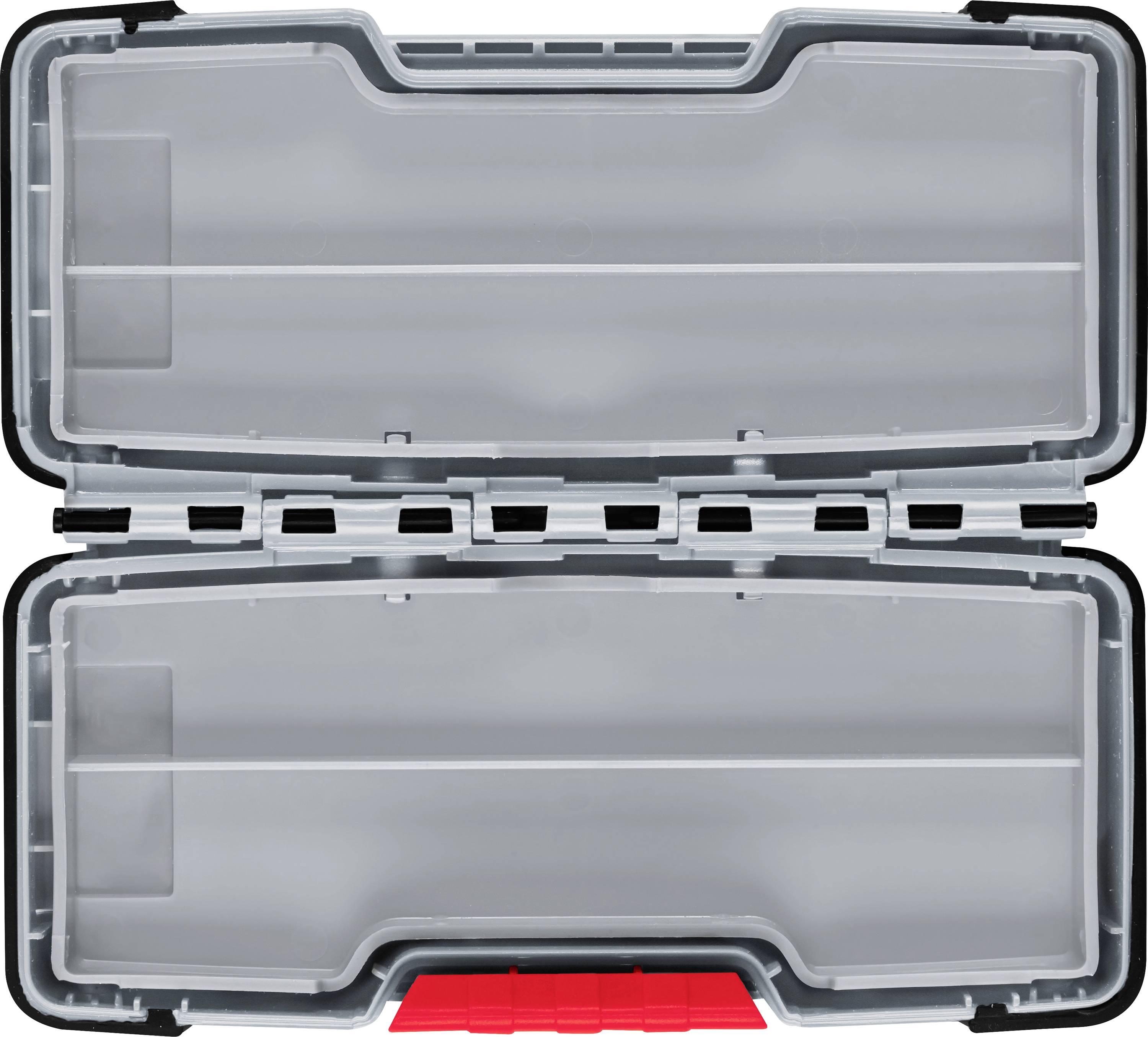Empty, transparent plastic box with a black border and red lid, opened and divided into two compartments.