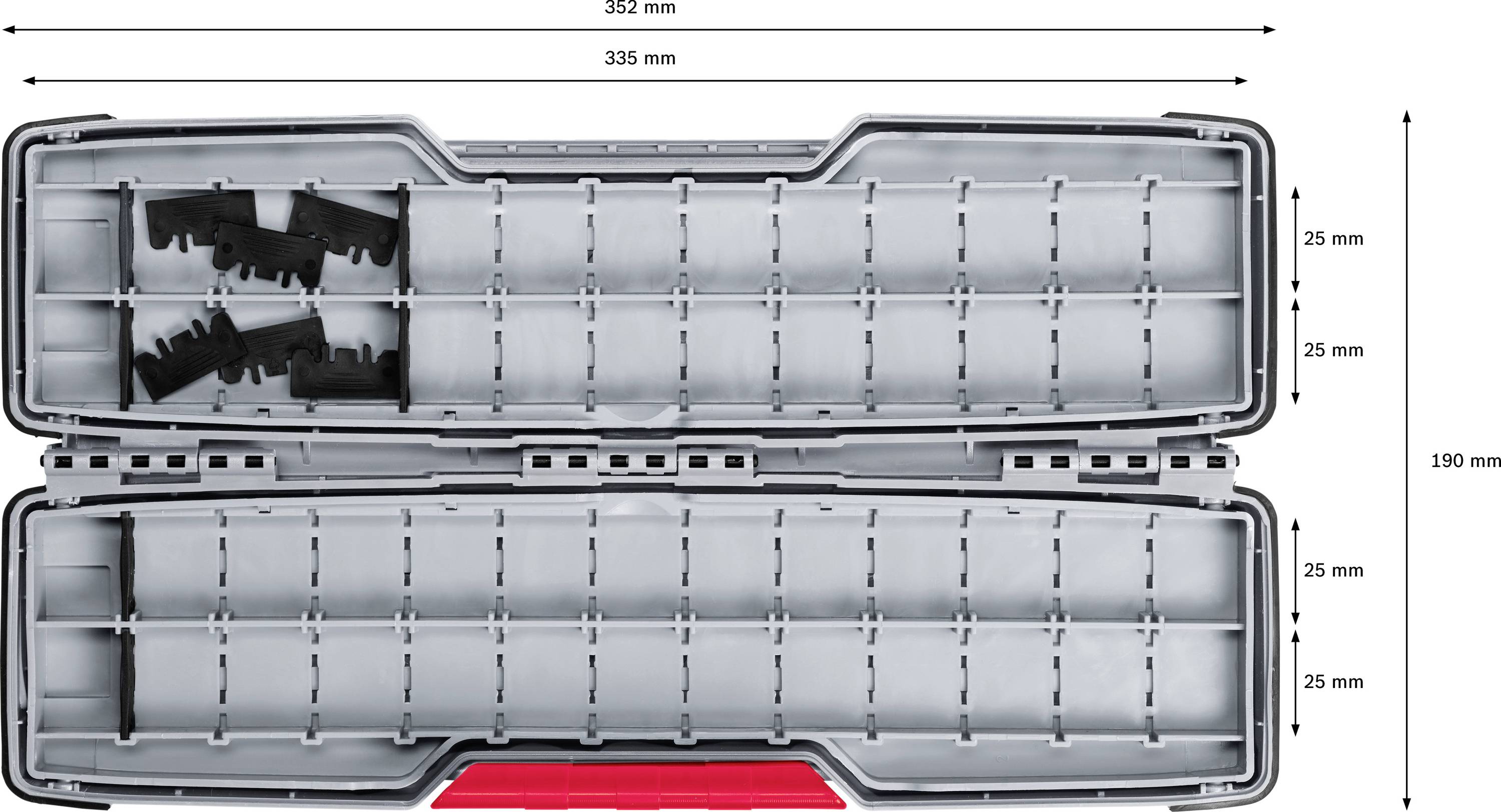 Gray plastic box with multiple compartments and removable dividers. Measurements in millimeters are visible on the outside.