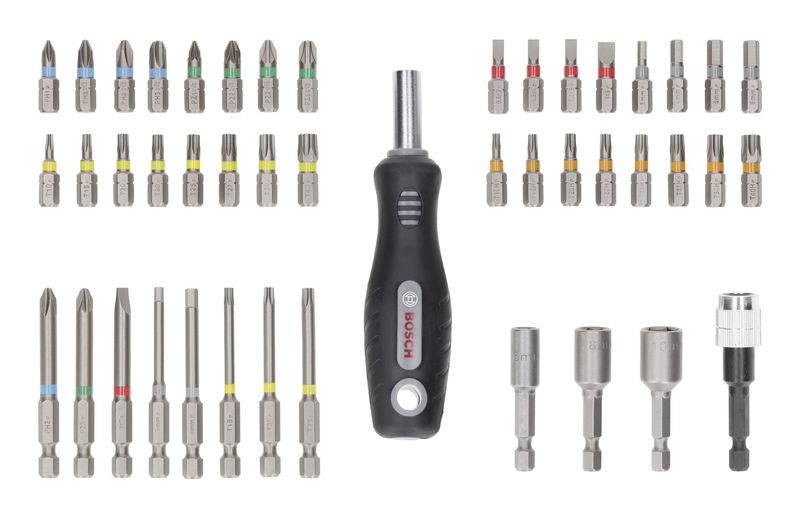 Multi-piece screwdriver set with holder, bits in various sizes and shapes, suitable for repair and assembly work.