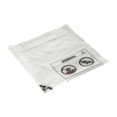 White plastic bag with warning symbols: Child's face with plastic bag over mouth or nose and crossed-out face with bag.