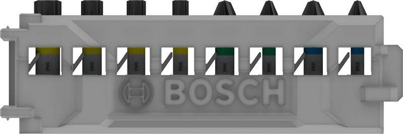 'Bosch' device holder with six coloured, labelled slots for organised storage of small components or tools.