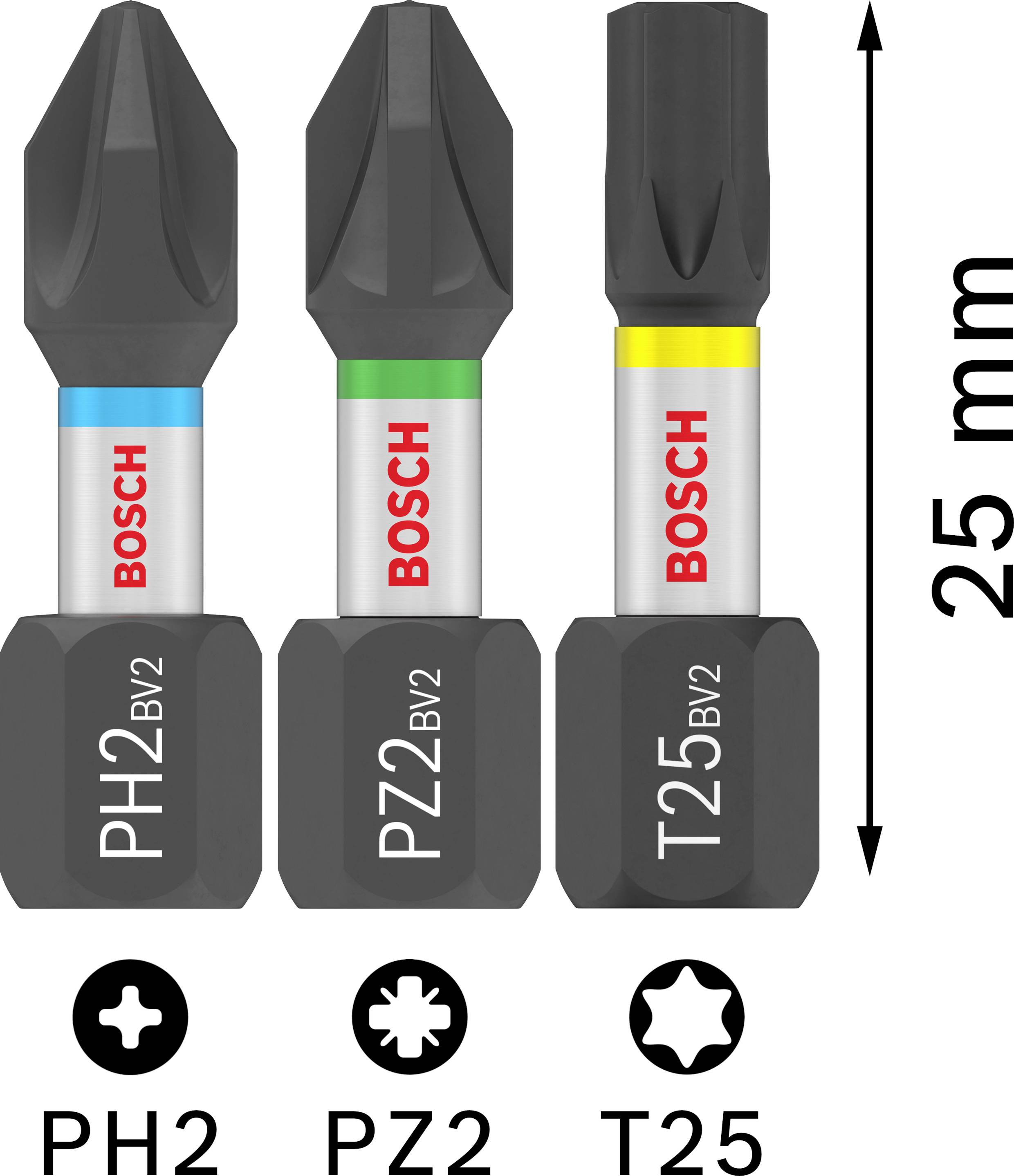 Three screwdriver bits from Bosch in different shapes: PH2, PZ2 and T25. Each has color coding for easy identification.