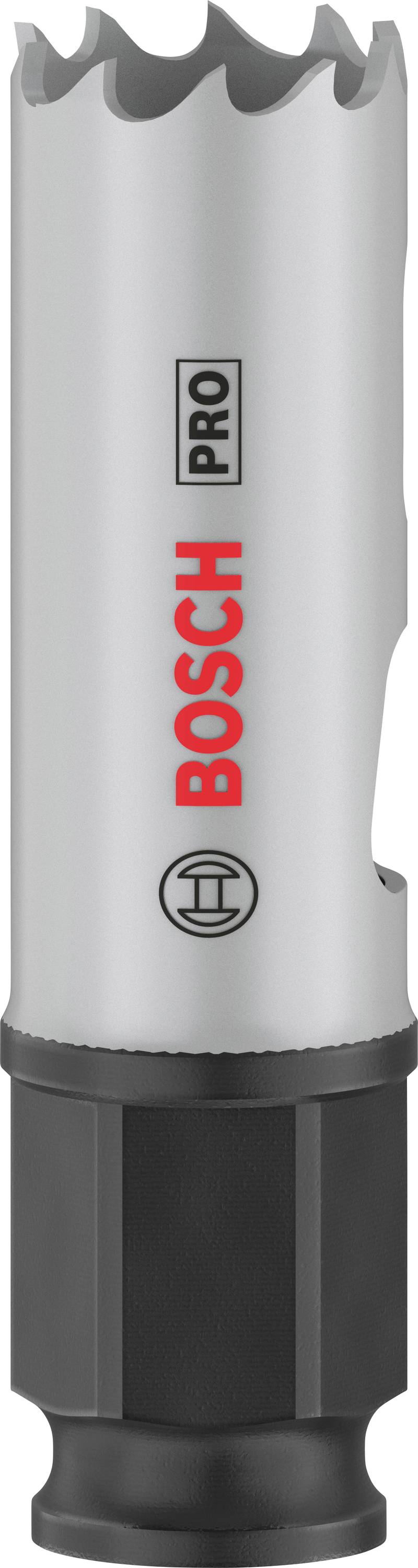 Metal sawing crown from Bosch Professional with tooth-edged rim for precise drilling. Silver with red 'Bosch Pro' logo.