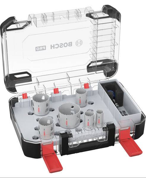 Bosch PRO drill crown set in a transparent case. Contains multiple drill crowns and accessories, neatly arranged.
