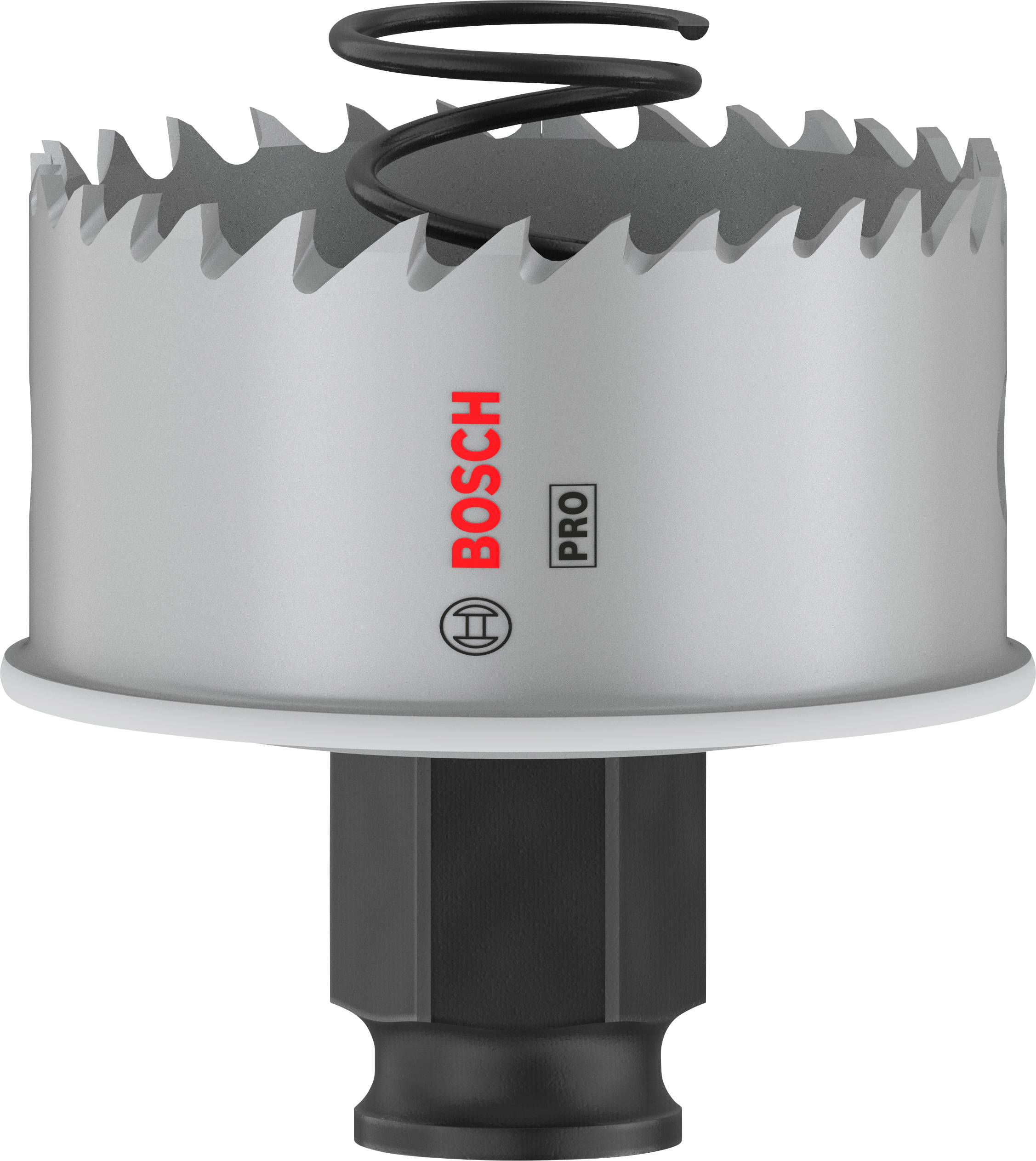Bosch hole saw with sharp teeth and a guide feather on the top surface, used for cutting through various materials.