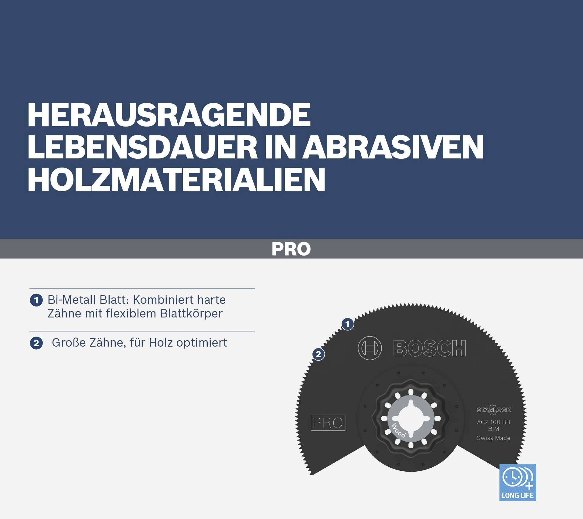 Circular saw blade with inscription 'Outstanding durability in abrasive wood materials'. Features: Bi-metal, large teeth for wood.