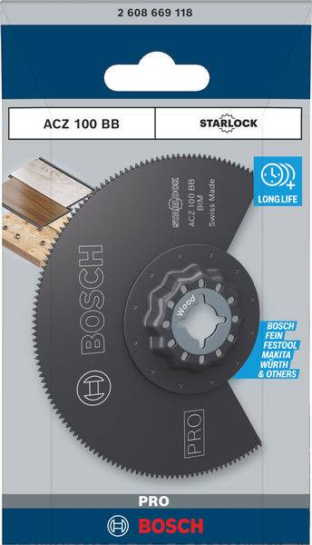Bosch circular saw blade in packaging. Model ACZ 100 BB, compatible with Starlock systems. Suitable for wood, long-lasting.