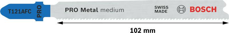 Metal saw blade with the label 'T 123 AFC PRO Metal Medium, Swiss Made, BOSCH', length 102 mm.