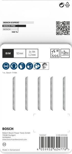Product Label for Bosch Expert Saw Blades. Contains QR code, BIM symbol, Dimensions: 92 mm and 21 TPI, suitable for Bosch TMBA models. Made in Switzerland.
