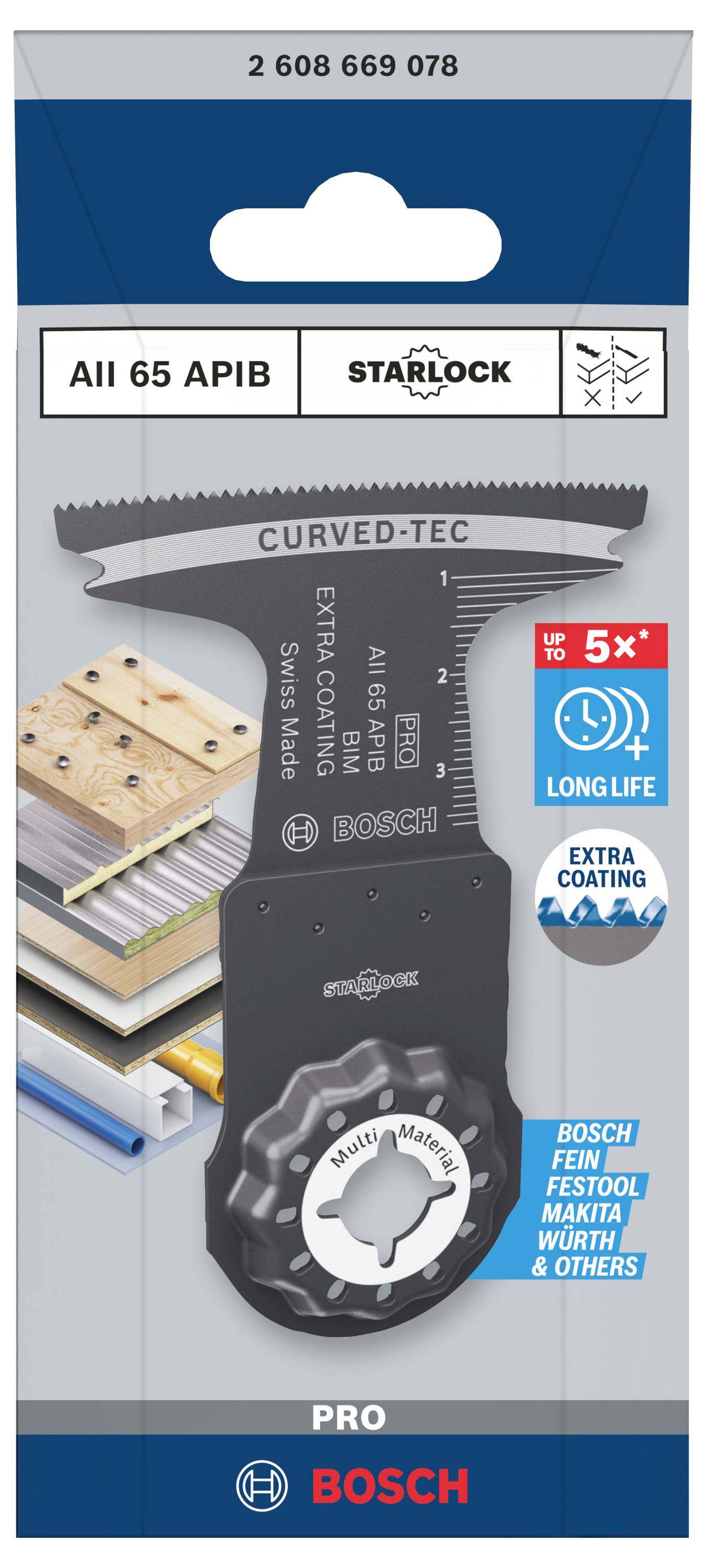 Saw blade for various materials with 'Curved-Tec' and 'Starlock' technology, compatible with Bosch, Fein, Festool, Makita and Würth.