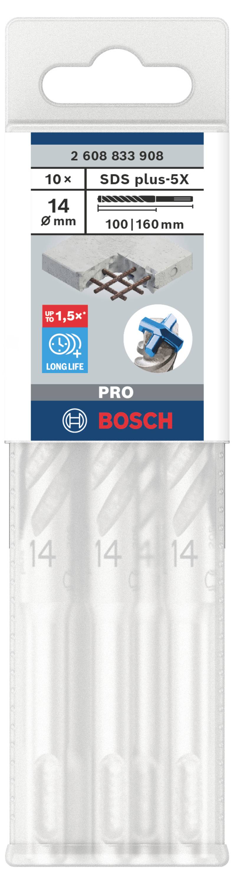SDS Plus-5X Drill Bit Set by Bosch for Concrete and Reinforcements, 14 mm Diameter, 100|160 mm Length, 10 Pieces, Enhanced Durability.