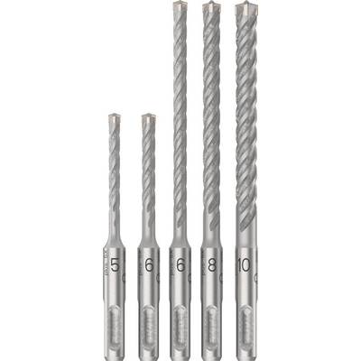 Five different sizes of concrete drill bits, arranged from shortest to longest, left to right. Suitable for hammer drills.